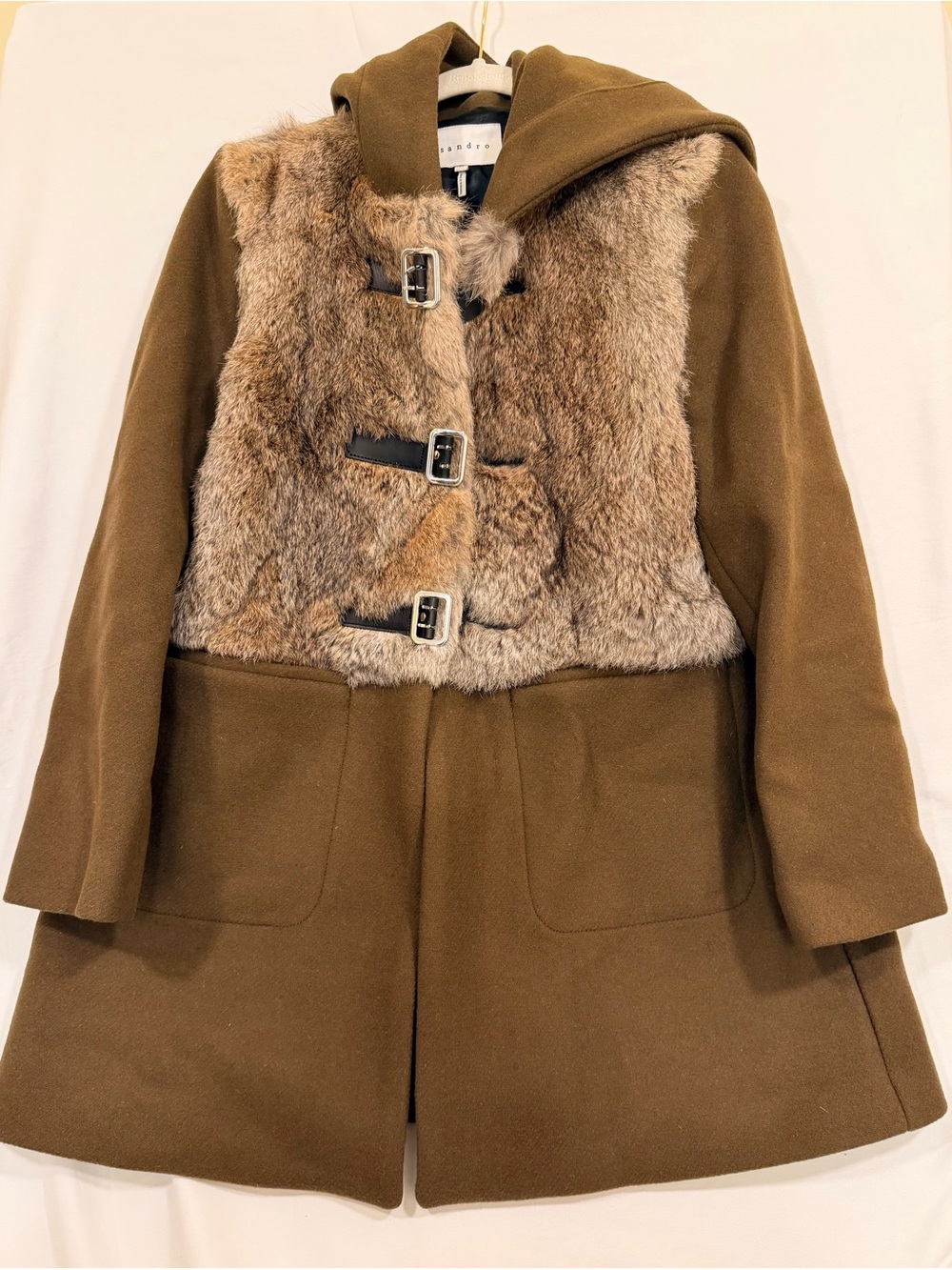 Sandro Paris Real Rabbit Fur Wool Hooded Duffle Coat M8467H FR 40 / US M